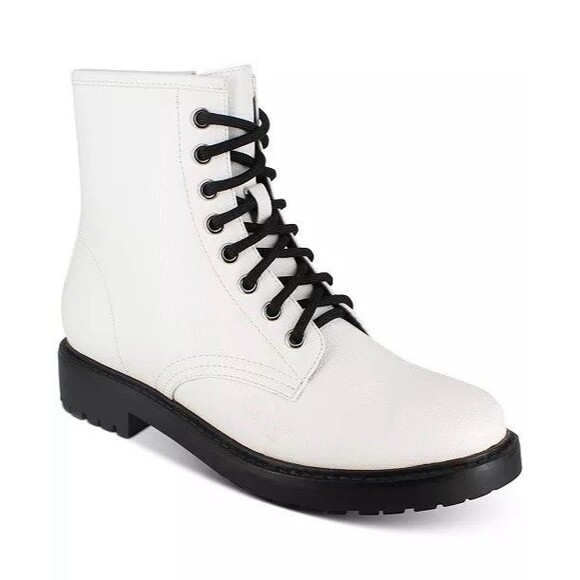 ESPRIT White and Black Shelby Booties White Vegan Leather Combat Boots Size 9 - Picture 1 of 12